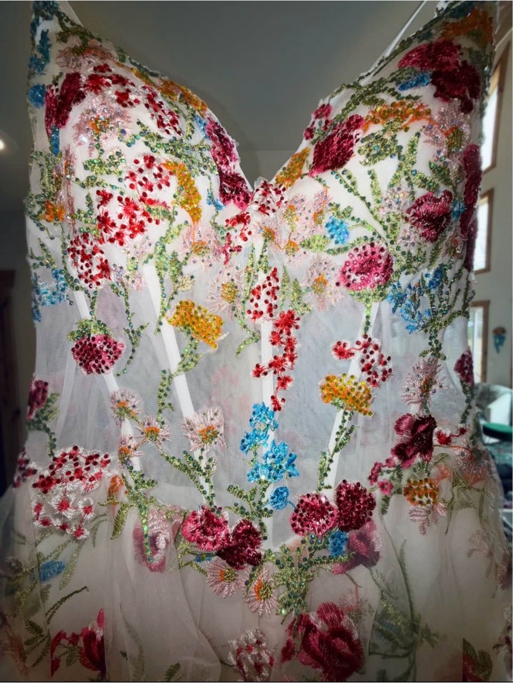 White Strapless Floral Embroidered Evening Gown - Picture 4 of 5